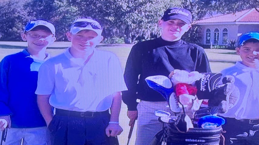 Jimmy Stanger (second from left) and late friend Harris Armstrong (left) with a group of friends at the golf course. (Courtesy of Teri Stanger)