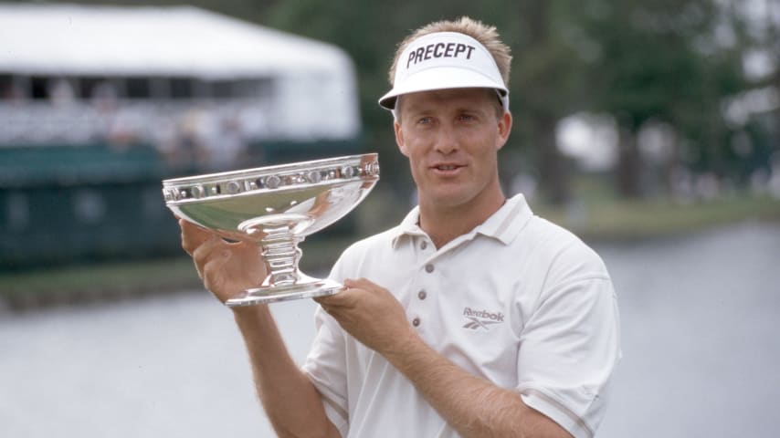 Stuart Appleby posing with the 1999 Houston Open trophy. (Bob Strauss/PGA TOUR Archive)