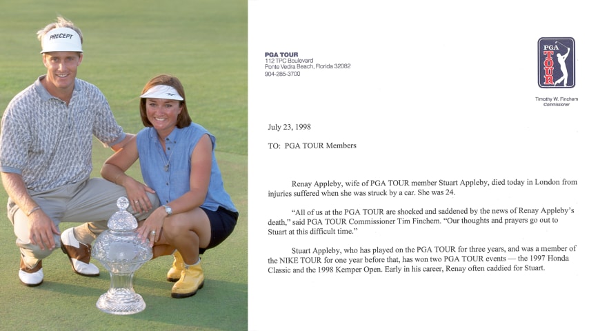 On the left, Stuart Appleby and the late Renay Appleby pose at the 1997 Honda Classic. On the right, a letter sent to PGA TOUR members in 1998 concerning the death of Renay Appleby. (PGA TOUR Archive)