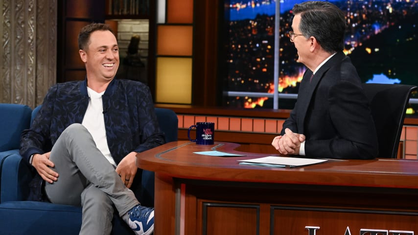 Justin Thomas appears on ‘The Late Show with Stephen Colbert’ during the March 25, 2024, show. (Scott Kowalchyk/CBS)