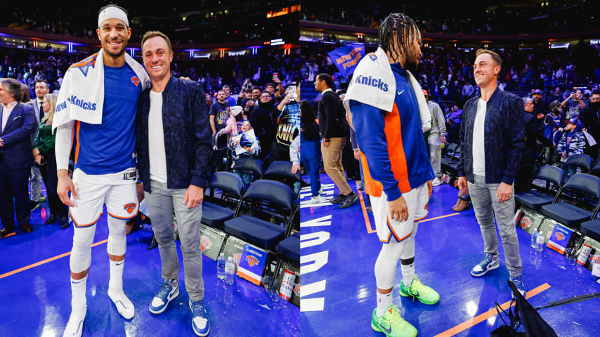 Justin Thomas pictured with Josh Hart (left) and Jalen Brunson (right) of the New York Knicks. (New York Knicks)