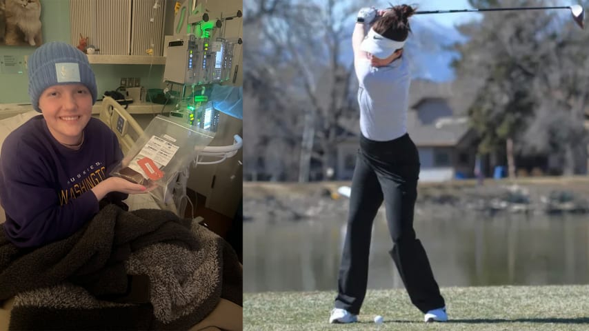 On the left, Olivia Gravestock holds bone marrow from her transplant. On the right, Olivia swings a golf club. (Courtesy Gravestock family)