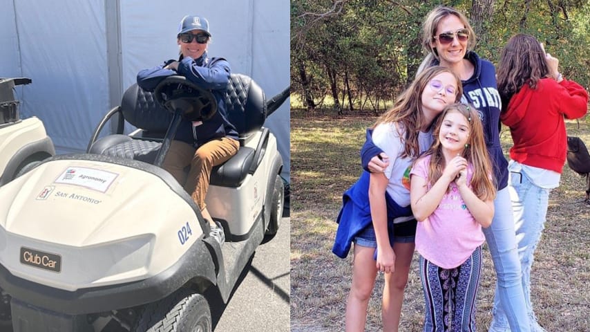 Andi Meadows, the second assistant superintendent at TPC San Antonio, ahead of the Valero Texas Open (L) and with her three daughters (R). (Photo credits Andi Meadows)