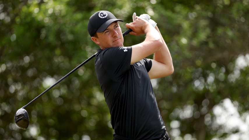 Jordan Spieth plays his tee shot on the 18th hole during the third round of the Valero Texas Open at TPC San Antonio on April 06, 2024, in San Antonio, Texas. (Brennan Asplen/Getty Images)