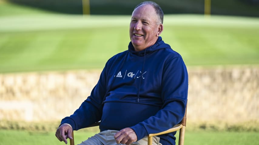 ATLANTA, GEORGIA - NOVEMBER 02:  Coach Bruce Heppler speaks about Christo Lamprecht at the Georgia Institute of Technology Golf Practice Facility during a PGA TOUR University shoot on November 2, 2023 in Atlanta, Georgia. (Photo by Keyur Khamar/PGA TOUR)