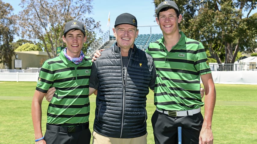 MELBOURNE, VIC - DECEMBER 07: International Team captain, Ernie Els, of South Africa poses with Junior Presidents Cup players prior to Presidents Cup at The Royal Melbourne Golf Club on December 7, 2019, in Melbourne, Victoria. (Photo by Keyur Khamar/PGA TOUR)