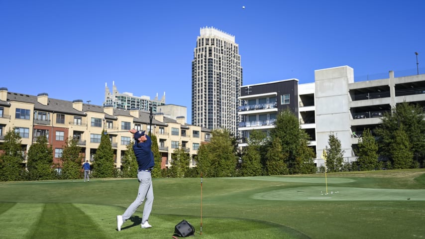 ATLANTA, GEORGIA - NOVEMBER 02:  Christo Lamprecht of South Africa hits a flop shot on the range at the Georgia Institute of Technology Golf Practice Facility during a PGA TOUR University shoot on November 2, 2023 in Atlanta, Georgia. (Photo by Keyur Khamar/PGA TOUR)