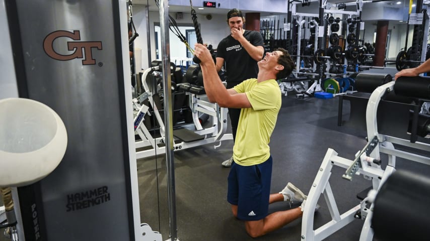 ATLANTA, GEORGIA - NOVEMBER 02:  Christo Lamprecht of South Africa smiles as he works out with golf teammates in the Hugh Spruill Strength Center during a PGA TOUR University shoot at the Georgia Institute of Technology on November 2, 2023 in Atlanta, Georgia. (Photo by Keyur Khamar/PGA TOUR)