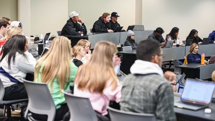 ATLANTA, GEORGIA - NOVEMBER 02:  Christo Lamprecht of South Africa attends a class in the Scheller College of Business at the Georgia Institute of Technology during a PGA TOUR University shoot on November 2, 2023 in Atlanta, Georgia. (Photo by Keyur Khamar/PGA TOUR)