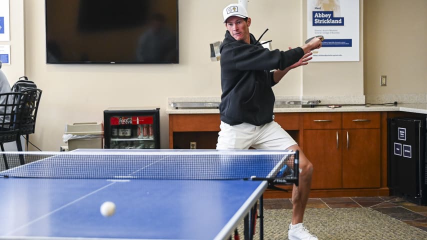 ATLANTA, GEORGIA - NOVEMBER 02:  Christo Lamprecht of South Africa plays ping pong with a golf teammate at the Georgia Institute of Technology during a PGA TOUR University shoot on November 2, 2023 in Atlanta, Georgia. (Photo by Keyur Khamar/PGA TOUR)