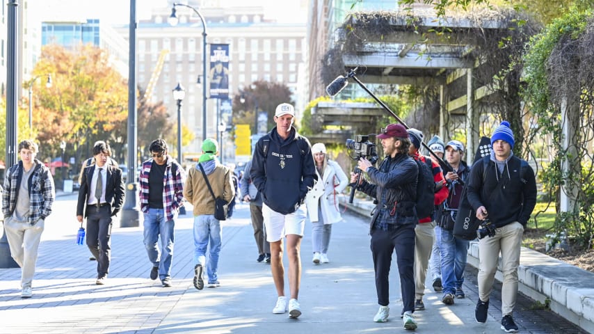 ATLANTA, GEORGIA - NOVEMBER 02:  Christo Lamprecht of South Africa walks from a class at the Georgia Institute of Technology during a PGA TOUR University shoot on November 2, 2023 in Atlanta, Georgia. (Photo by Keyur Khamar/PGA TOUR)