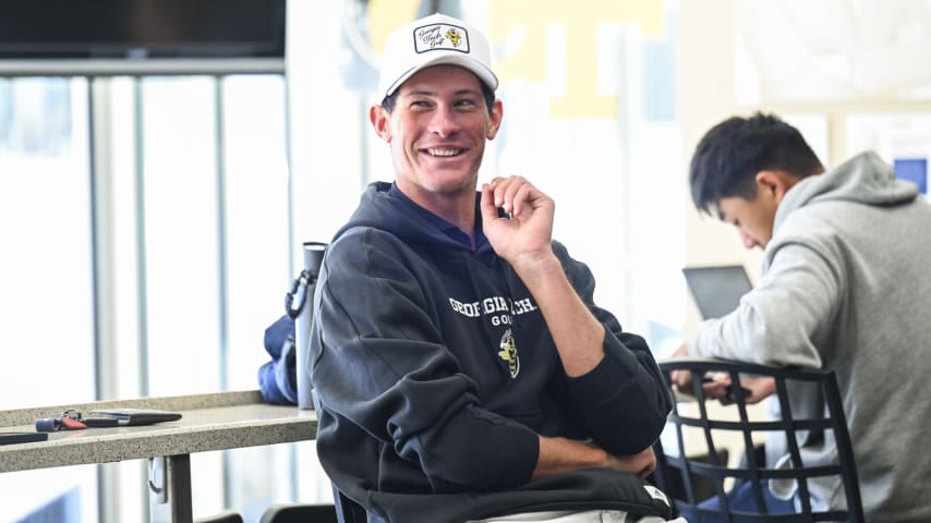 ATLANTA, GEORGIA - NOVEMBER 02:  Christo Lamprecht of South Africa smiles after playing ping pong at the Georgia Institute of Technology during a PGA TOUR University shoot on November 2, 2023 in Atlanta, Georgia. (Photo by Keyur Khamar/PGA TOUR)