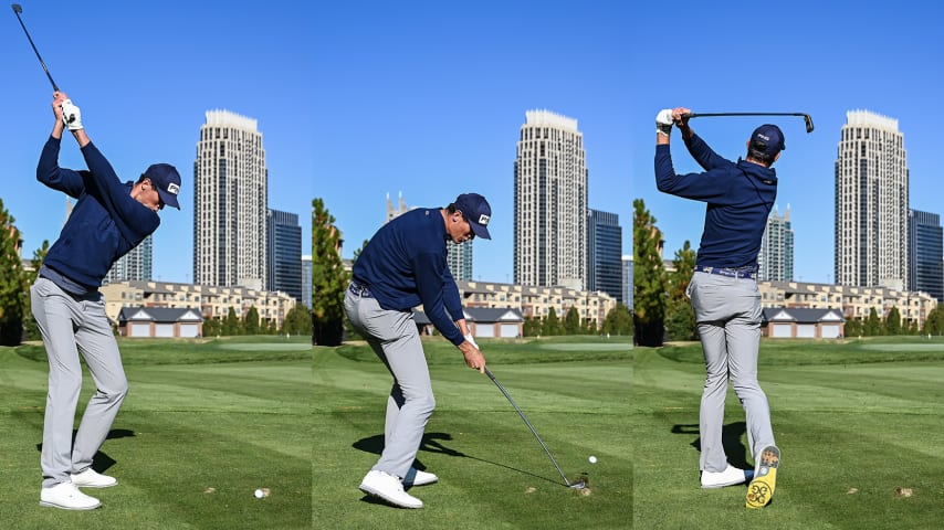 ATLANTA, GEORGIA - NOVEMBER 02:  Christo Lamprecht of South Africa hits a shot on the par 3 course at the Georgia Institute of Technology Golf Practice Facility during a PGA TOUR University shoot on November 2, 2023 in Atlanta, Georgia. (Photo by Keyur Khamar/PGA TOUR)