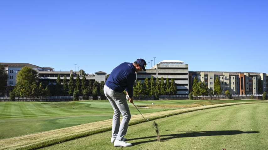 ATLANTA, GEORGIA - NOVEMBER 02:  Christo Lamprecht of South Africa hits a shot on the par 3 course at the Georgia Institute of Technology Golf Practice Facility during a PGA TOUR University shoot on November 2, 2023 in Atlanta, Georgia. (Photo by Keyur Khamar/PGA TOUR)