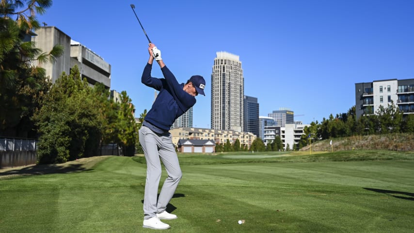 ATLANTA, GEORGIA - NOVEMBER 02:  Christo Lamprecht of South Africa hits a shot on the par 3 course at the Georgia Institute of Technology Golf Practice Facility during a PGA TOUR University shoot on November 2, 2023 in Atlanta, Georgia. (Photo by Keyur Khamar/PGA TOUR)