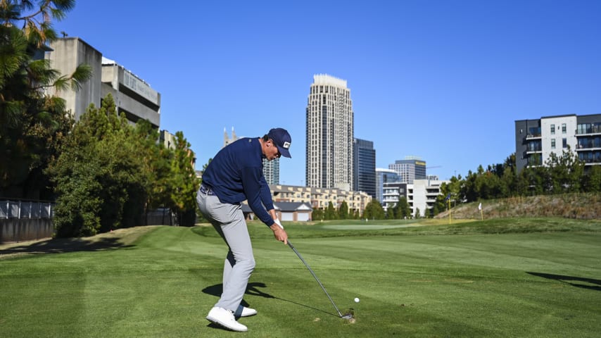 ATLANTA, GEORGIA - NOVEMBER 02:  Christo Lamprecht of South Africa hits a shot on the par 3 course at the Georgia Institute of Technology Golf Practice Facility during a PGA TOUR University shoot on November 2, 2023 in Atlanta, Georgia. (Photo by Keyur Khamar/PGA TOUR)