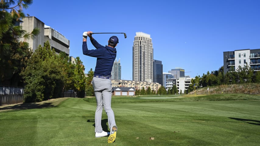 ATLANTA, GEORGIA - NOVEMBER 02:  Christo Lamprecht of South Africa hits a shot on the par 3 course at the Georgia Institute of Technology Golf Practice Facility during a PGA TOUR University shoot on November 2, 2023 in Atlanta, Georgia. (Photo by Keyur Khamar/PGA TOUR)