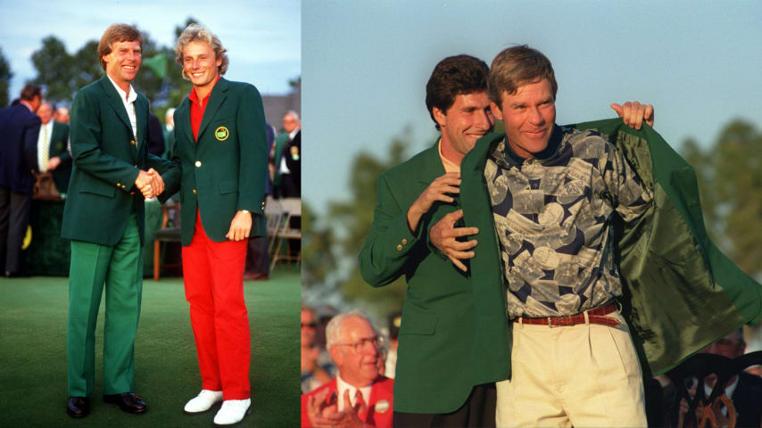 On the left, Bernhard Langer dons the green jacket in 1985. On the right, José María Olazábal presents the green jacket to Ben Crenshaw at the 1984 Masters. (Getty Images)