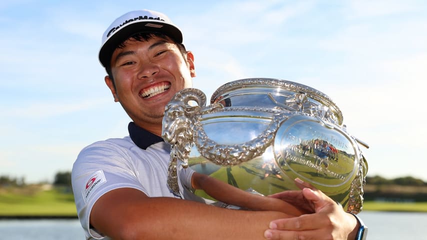 Ryo Hisatsune of Japan celebrates winning the Cazoo Open de France at Le Golf National in 2023. (Luke Walker/Getty Images)