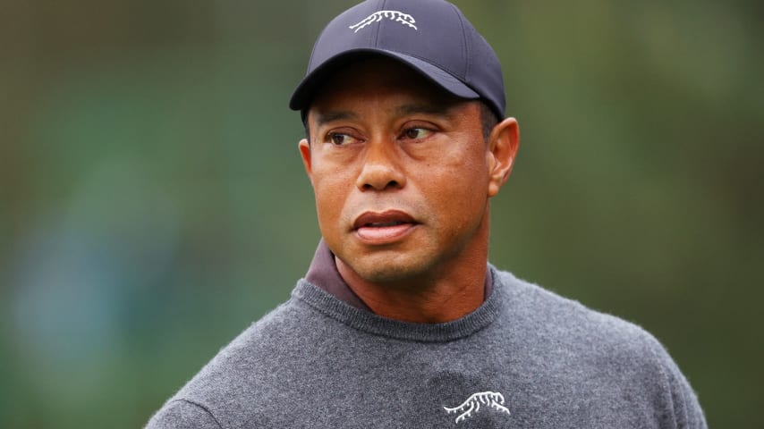 Tiger Woods at Augusta National ahead of the 2024 Masters. (Andrew Redington/Getty Images)