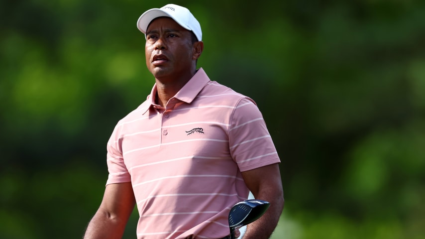 AUGUSTA, GEORGIA - APRIL 11: Tiger Woods of the United States follows his shot from the fifth tee during the first round of the 2024 Masters Tournament at Augusta National Golf Club on April 11, 2024 in Augusta, Georgia.  (Photo by Maddie Meyer/Getty Images)