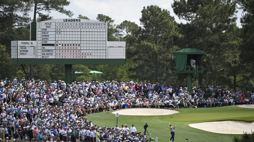 Scottie Scheffler hits his tee shot on the third tee box during the first round of Masters Tournament. (Ben Jared/PGA TOUR)