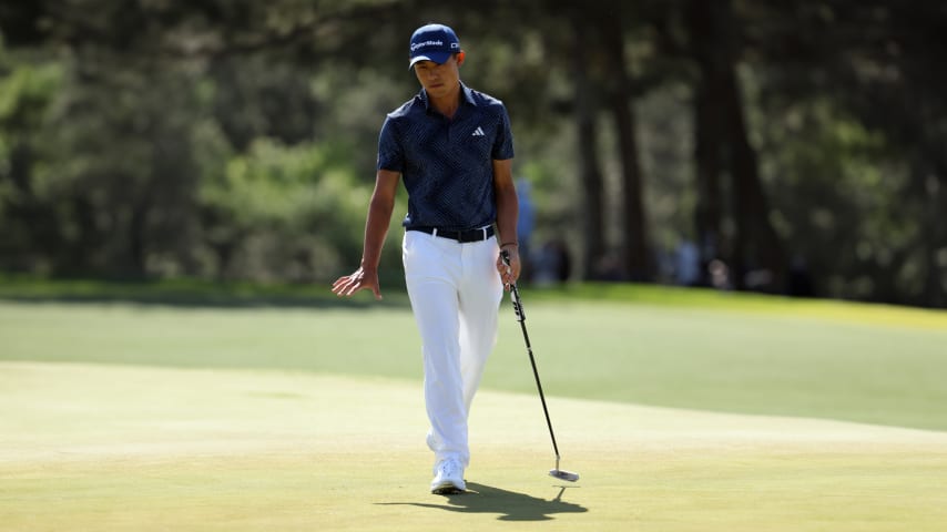 Collin Morikawa reacts on the 17th green during the second round of the 2024 Masters Tournament. (Jamie Squire/Getty Images)
