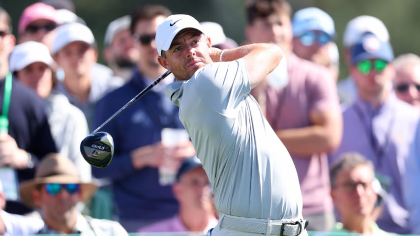 Rory McIlroy plays his shot from the eighth tee during the second round of the 2024 Masters Tournament. (Andrew Redington/Getty Images)