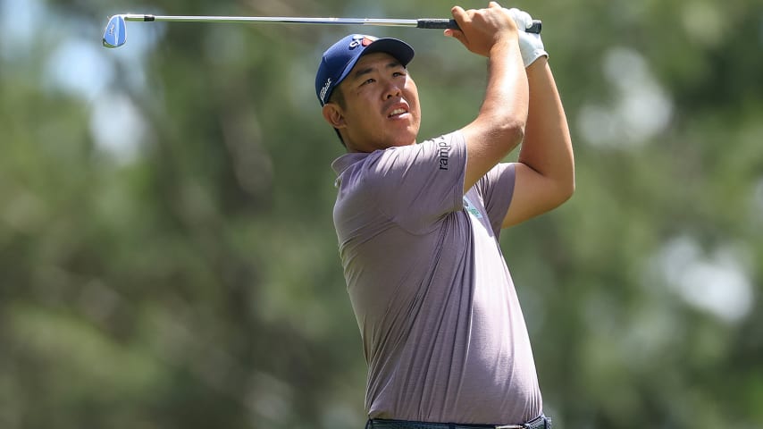 AUGUSTA, GEORGIA - APRIL 11: Byeong Hun An of South Korea plays his tee shot on the fourth hole during the first round of the 2024 Masters Tournament at Augusta National Golf Club on April 11, 2024 in Augusta, Georgia. (Photo by David Cannon/Getty Images)