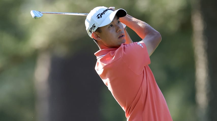 Collin Morikawa plays his second shot on the 14th hole during the third round of the Masters Tournament. (David Cannon/Getty Images)