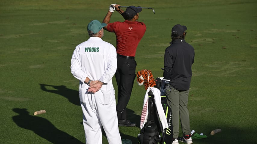 Tiger Woods and his son Charlie on the range during the final round of  Masters Tournament. (Ben Jared/PGA TOUR via Getty Images)