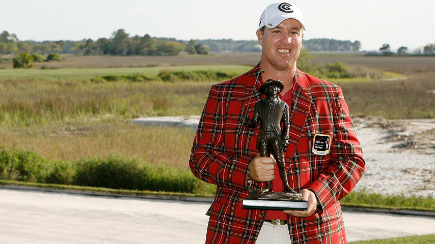 Boo Weekley poses with the winner's trophy after winning the 2008 RBC Heritage at Harbour Town Golf Links. (Streeter Lecka/Getty Images)