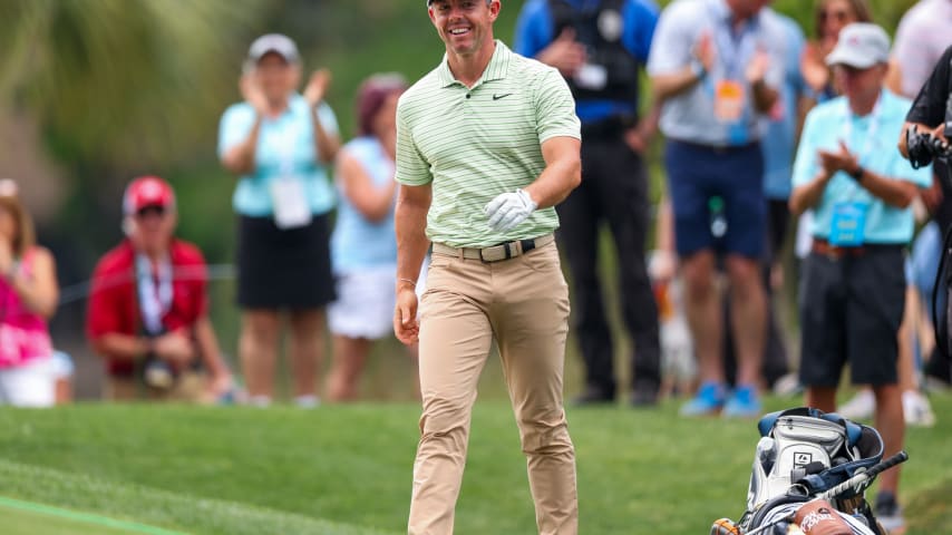 Rory McIlroy with his golf bag showing the TaylorMade new BRNR Mini Driver Copper headcover at the RBC Heritage. (Andrew Redington/Getty Images)