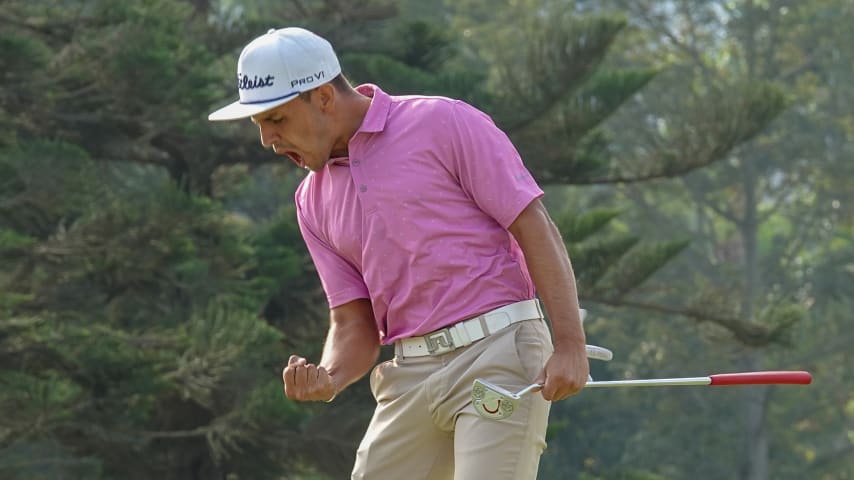 La reacción de Marcos Montenegro al embocar el putt que eventualmente selló su victoria en el Diners Club Perú Open de 2023 en PGA TOUR Latinoamérica. (Gregory Villalobos/PGA TOUR)