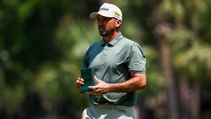 HILTON HEAD ISLAND, SOUTH CAROLINA - APRIL 20: Jason Day of Australia looks on before playing the third hole during the third round of the RBC Heritage at Harbour Town Golf Links on April 20, 2024 in Hilton Head Island, South Carolina. (Photo by Jared C. Tilton/Getty Images)