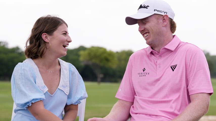 Hayden Springer and his wife, Emma Springer, are interviewed prior to THE CJ CUP Byron Nelson. (Sam Hodde/Getty Images)