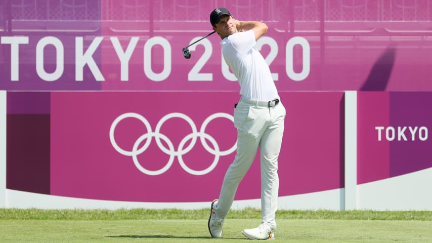 Thomas Detry of Team Belgium plays his shot from the first tee during the final round of the men's individual stroke play on Day 9 of the Tokyo 2020 Olympic Games at Kasumigaseki Country Club on Aug. 1, 2021, in Kawagoe, Saitama, Japan. (Mike Ehrmann/Getty Images)
