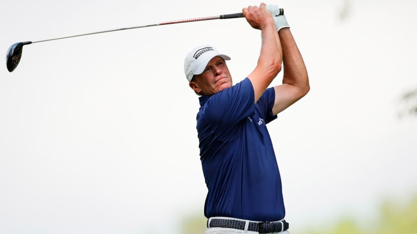 Steve Stricker hits his tee shot on the second hole at the Regions Tradition. (Alex Slitz/Getty Images)