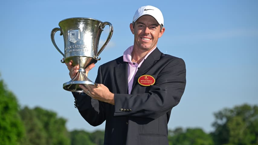 CHARLOTTE, NORTH CAROLINA - MAY 12: Rory McIlroy of Northern Ireland poses with the trophy after the final round of Wells Fargo Championship at Quail Hollow Club on May 12, 2024 in Charlotte, North Carolina. (Photo by Ben Jared/PGA TOUR via Getty Images)