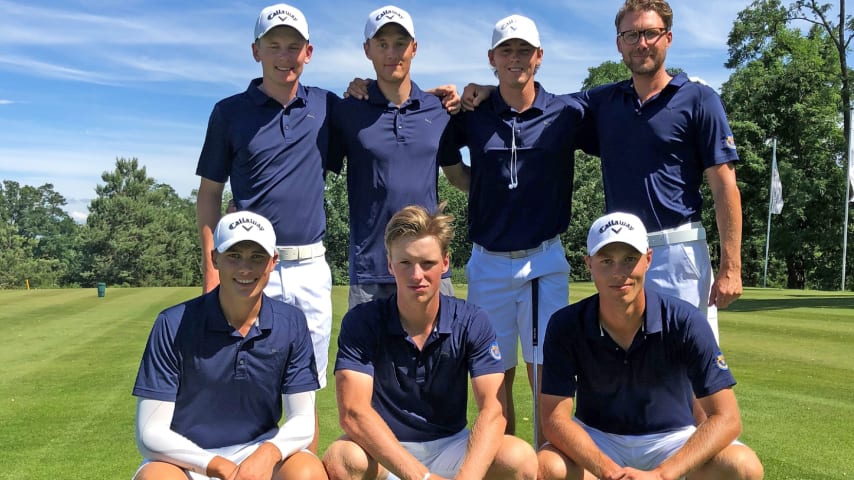 A photo of the Swedish national team with Ludvig Åberg in the bottom-left and Tim Widing second from top-left. (Photo credits Swedish Golf Federation)