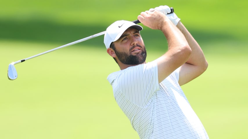 Scottie Scheffler of the United States plays a second shot to make an eagle on the first hole during the first round of the 2024 PGA Championship at Valhalla Golf Club on May 16, 2024, in Louisville, Kentucky. (Andrew Redington/Getty Images)