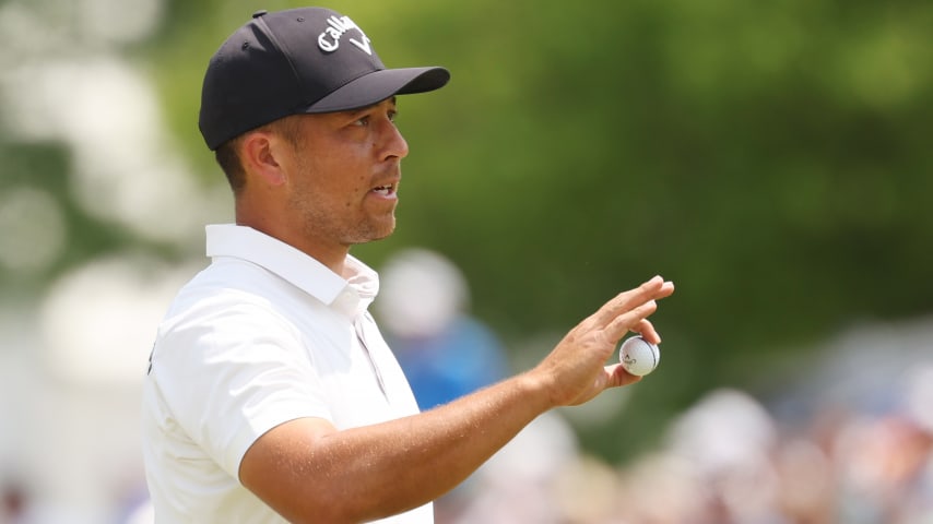 Xander Schauffele of the United States reacts on the ninth green during the first round of the 2024 PGA Championship at Valhalla Golf Club on May 16, 2024, in Louisville, Kentucky. (Patrick Smith/Getty Images)