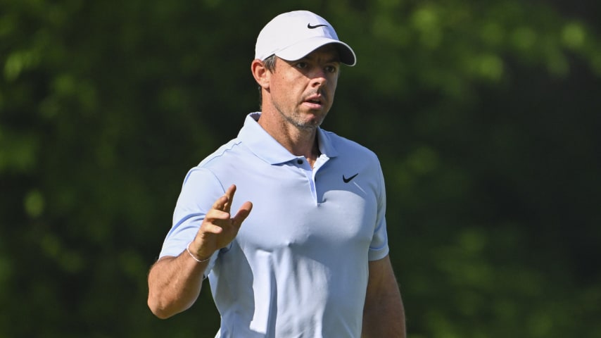 Rory McIlroy waves to fans after making a birdie putt on the 13th hole green during the first round of the 106th PGA Championship at Valhalla Golf Club on May 16, 2024 in Louisville, Kentucky. (Keyur Khamar/PGA TOUR)