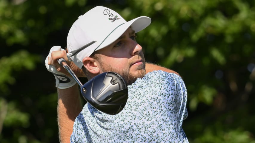 Alistair Docherty hits his tee shot on the 18th hole during the second round of the AdventHealth Championship at Blue Hills Country Club on May 17, 2024, in Kansas City, Missouri. (Reed Hoffmann/Getty Images)