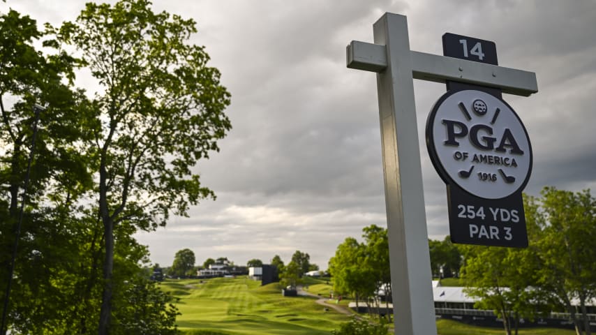 LOUISVILLE, KENTUCKY - MAY 14:  A view of the sign for the 254 yard, par 3 14th hole during practice for the 106th PGA Championship at Valhalla Golf Club on May 14, 2024 in Louisville, Kentucky. (Photo by Keyur Khamar/PGA TOUR via Getty Images)