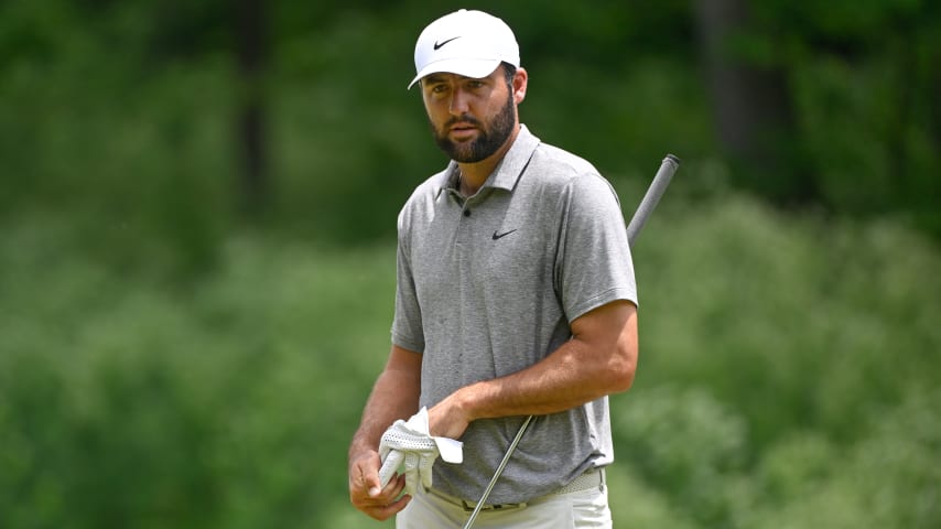 Scottie Scheffler carded a 73 in the third round of the PGA Championship, ending his streak of rounds under par in major championships. (Ben Jared/PGA TOUR)