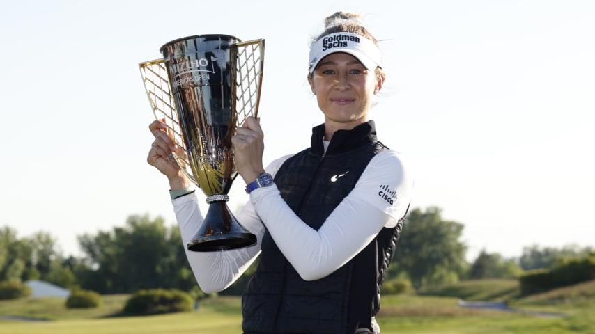 Nelly Korda of the United States poses with the winner’s trophy after winning the Mizuho Americas Open at Liberty National Golf Club on May 19, 2024, in Jersey City, New Jersey. (Sarah Stier/Getty Images)