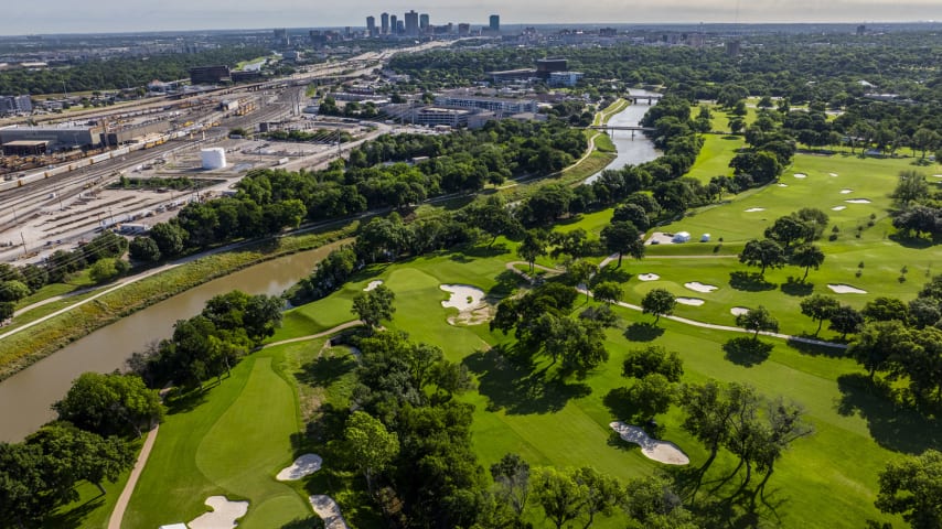 An aerial view of Colonial showing the 13th hole and the creek nearby. (Matt Hahn/PGA TOUR)