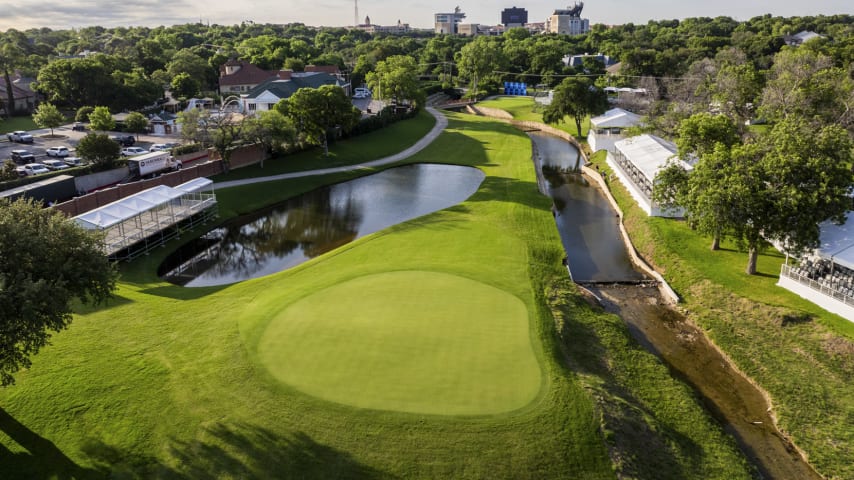 An aerial view of hole 16 with a creek to the left at Colonial. (Matt Hahn/PGA TOUR)