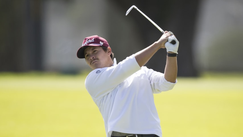 Karl Vilips hitting an approach shot on hole 10 at The Goodwin at TPC Harding Park on March 28, 2024 in San Francisco, California. (Stanford Men's Golf)